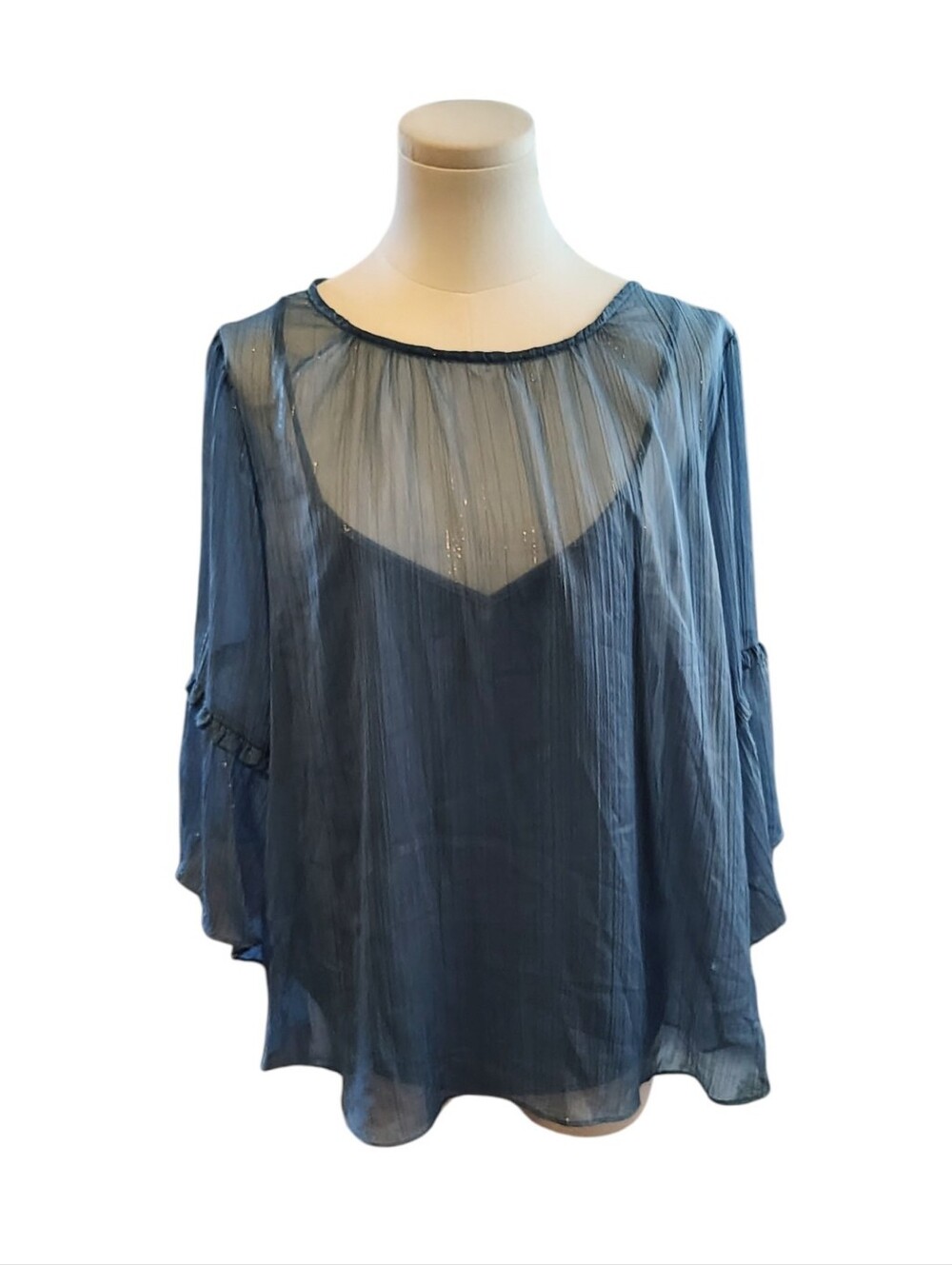 New Lauren Conrad Gold Shimmer Dusky Blue Flutter Cami Sheer Blouse Set Size XL